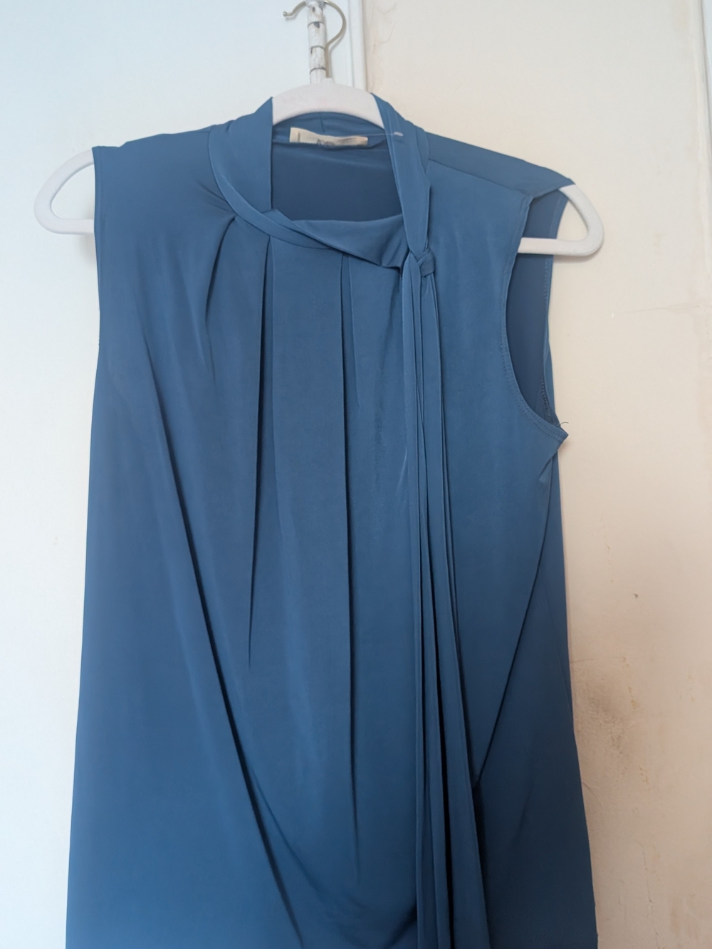 Sleeveless Draped Tie-Neck Blouse in Slate Blue